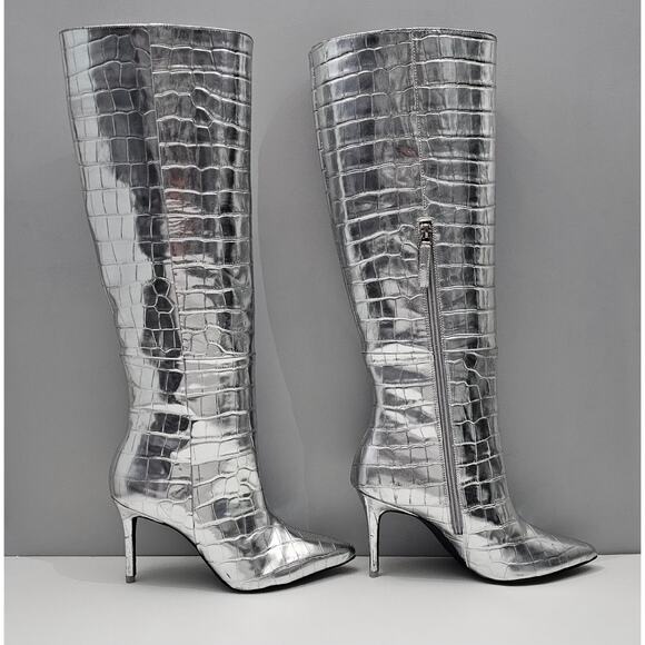 Black Suede Studio Tory Knee High Boot EU 38 Metallic Silver Croc Embossed Heel - Picture 4 of 16